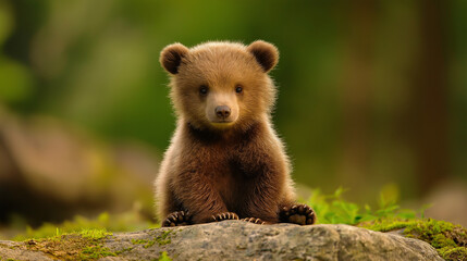 Fototapeta premium Adorable brown bear cub sitting on a rock in a lush forest for wildlife conservation and nature-themed storytelling