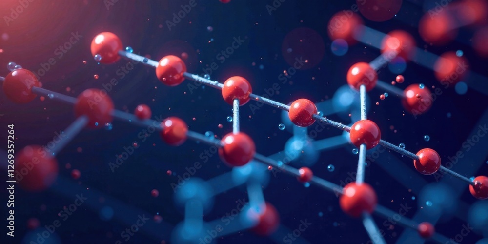 Poster abstract molecular structure interconnected red spheres and metallic bonds in a dynamic network