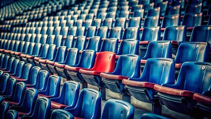 Fototapeta premium Vintage Stadium: Rows of Dark Blue Seats, One Red Accent
