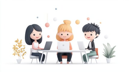 Fototapeta premium 3D modern illustration of a diverse workplace, employees of different backgrounds collaborating at a meeting table, minimal gradient design, professional stock