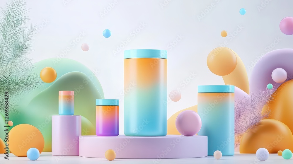 Poster 3D rendering of minimalist product packaging with simple design elements and a smooth gradient effect, set against a white background