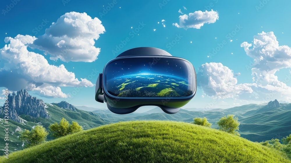 Poster 3d rendering of a virtual reality headset displaying an immersive 360-degree landscape, showcasing t