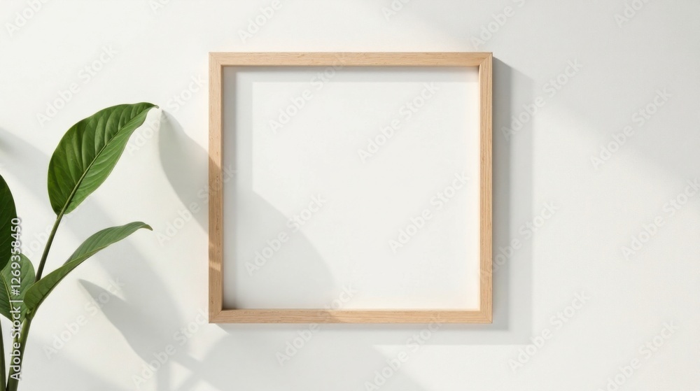 Poster light and shadow play a minimalist mockup featuring a simple wooden frame and lush greenery against 