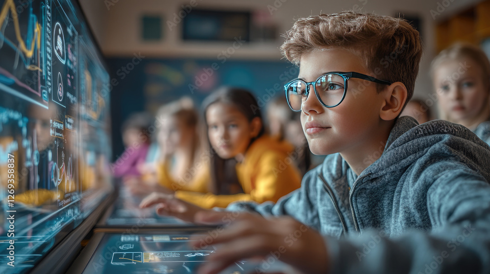 Poster a classroom with smart ai tutors guiding students through interactive lessons using touch screens