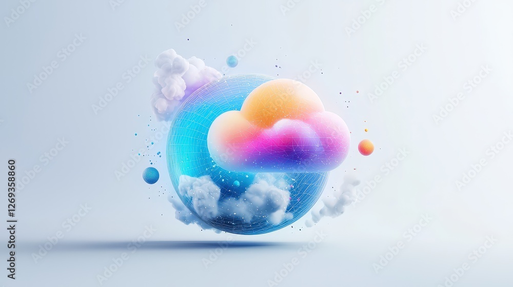 Poster a 3d abstract icon representing ai cloud services and cloud computing, designed with supercomputer i