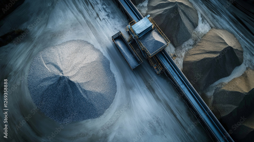Poster a birdâs-eye view of a robotic system overseeing the automated distribution of sand from enormous 