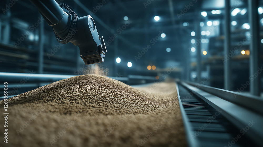 Poster the robotic arm adjusts the flow of sand on a conveyor, seamlessly handling a gigantic pile of sand 