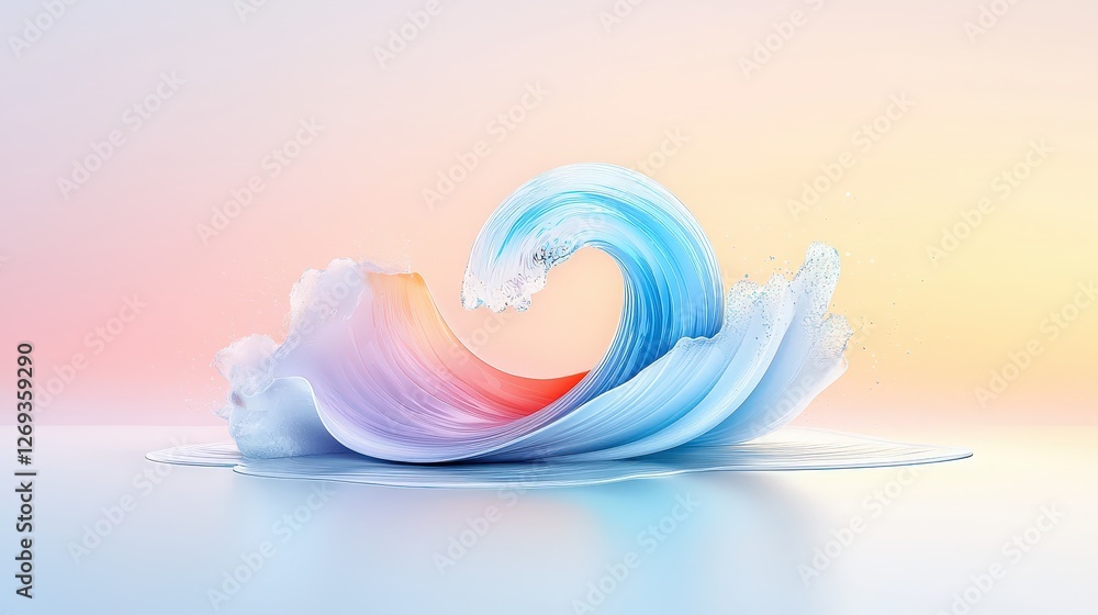 Poster a 3d icon of a gentle ocean wave, sculpted with smooth curves and intricate details, set against a s