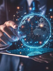 Fototapeta premium Close up of businessman hand pointing at tablet with glowing social globe hologram on blue background. Information, data and communication concept