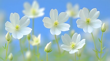 Weiße Frühlingsblumen vor blauem Himmel in sanftem Licht  
