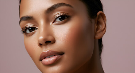 Fototapeta premium Beauty skin care. Close-up of beautiful woman with bare skin. Looking at camera. Spring/summer-like image.