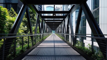 Fototapeta premium Urban pedestrian bridge walkway, city background, perspective, day shot, for architectural design