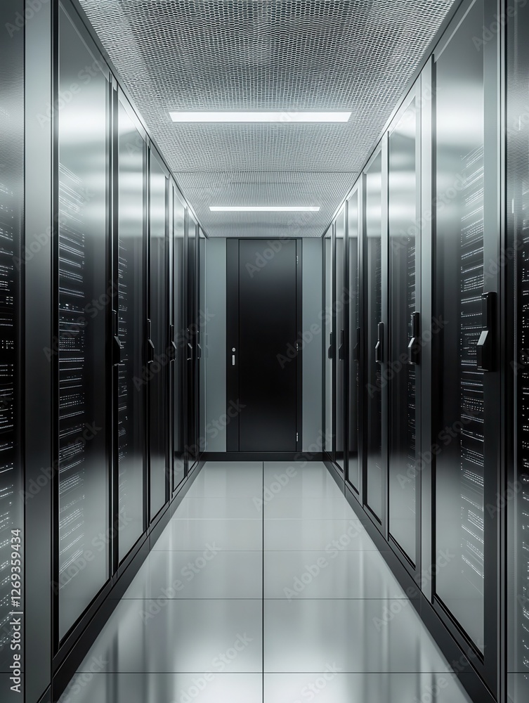 Poster a modern data center room with sleek server racks in a clean design