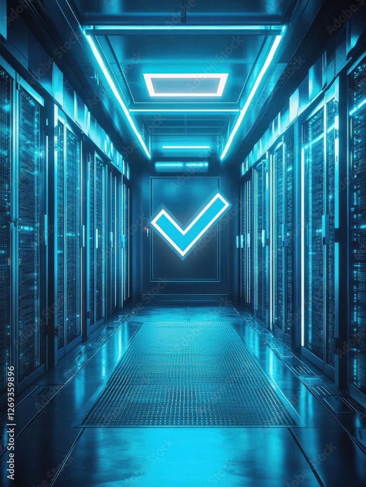 Poster futuristic server room with glowing blue servers and check mark symbolizing secure data processing a
