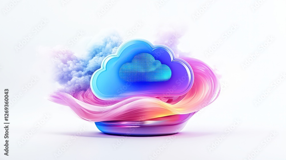 Poster a 3d render of an ai cloud service icon, symbolizing cloud computing with a supercomputer in a minim