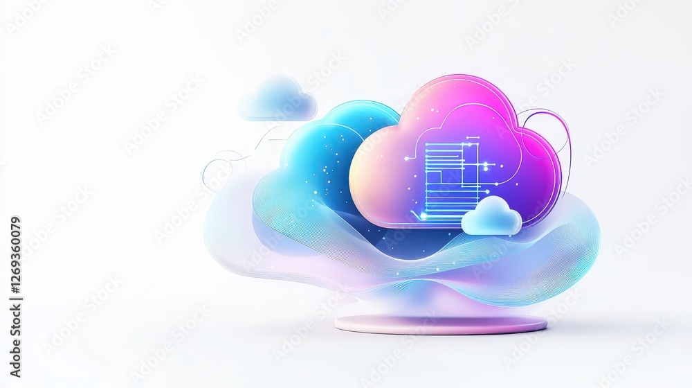 Poster a 3d render of an ai cloud service icon, symbolizing cloud computing with a supercomputer in a minim