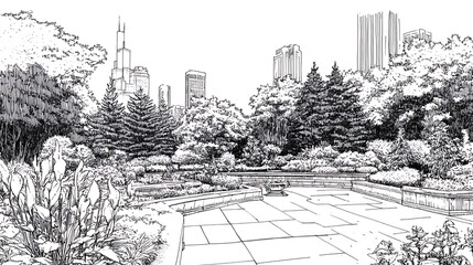 Cityscape Garden Oasis Tranquil Retreat Urban Trees Park Landscape Architecture Plants and Flowers