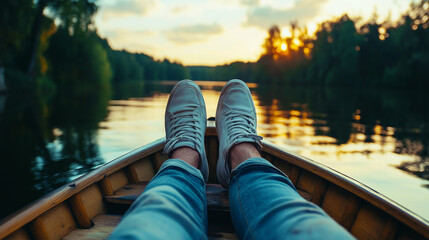 Relaxing boat ride at sunset with feet up for travel, adventure, and mindfulness lifestyle promotions