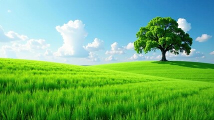 Obraz premium Serene Landscape Featuring a Majestic Tree on a Verdant Hill Under a Bright Sky