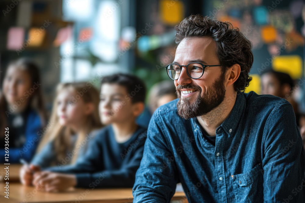 Poster a teacher interacts with students in a modern classroom while using a smart ai-powered assistant to 