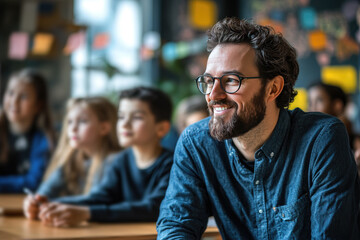 A teacher interacts with students in a modern classroom while using a smart AI-powered assistant to enhance learning