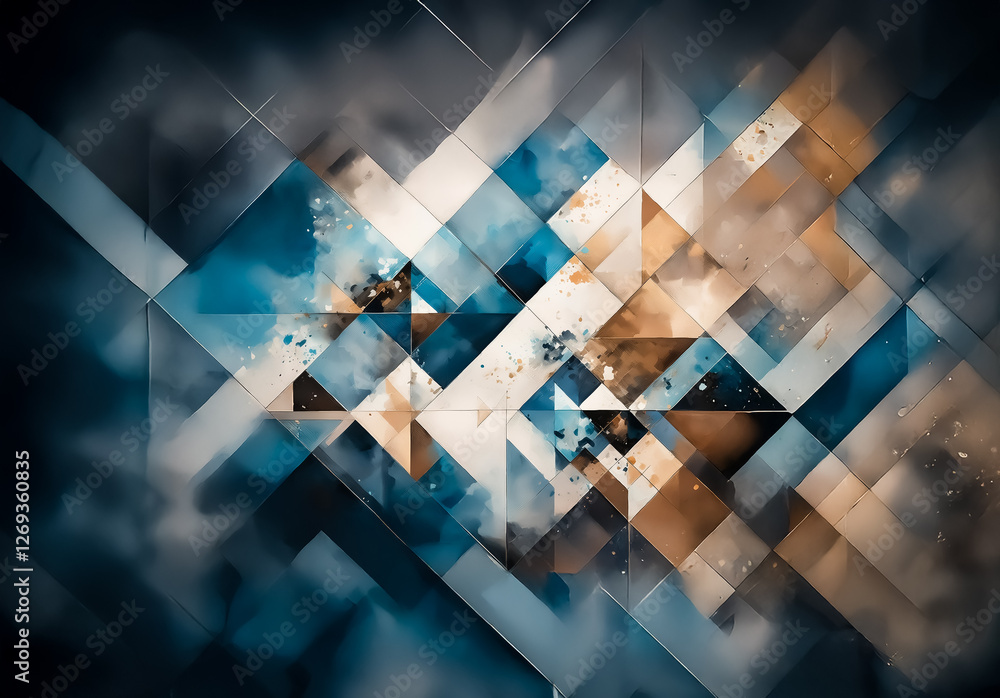 Aufkleber Abstract geometric artwork featuring intersecting squares and rectangles in blue, white, and gold tones. A textured, painterly style creates a modern, artistic backdrop.