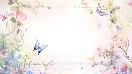 青空を背景にした蝶と花々が優雅に舞うフレームデザイン。ナチュラルで爽やかな雰囲気。generative ai