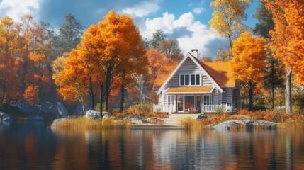 Fototapeta premium Serene autumn cottage by lake peaceful reflection