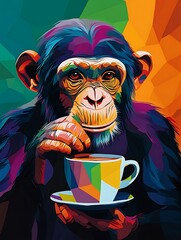 Colorful Chimpanzee Enjoying a Cup of Coffee in Abstract Style