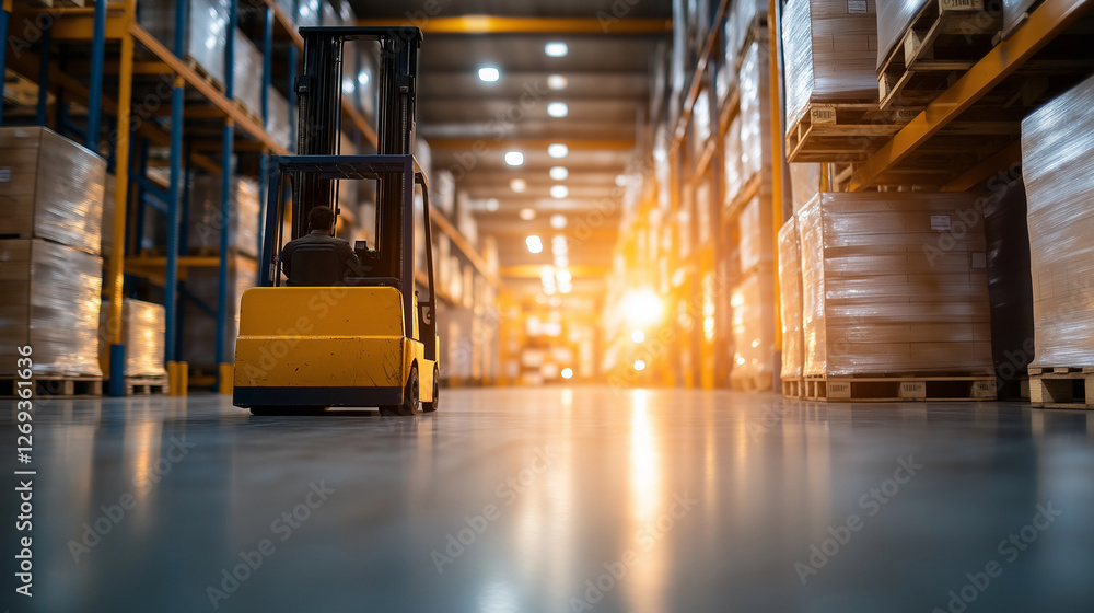 Poster rows of stacked inventory in a large warehouse are softly blurred in the background, with a forklift