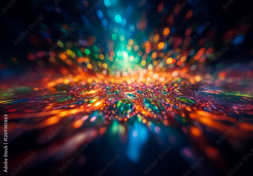 Poster vibrant, abstract image of blurred, colorful bokeh lights radiating outwards from a central point, c
