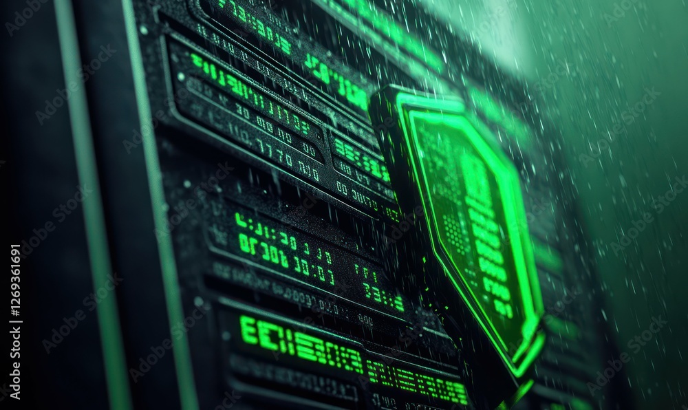 Poster glowing digital cloud server stack with binary code background