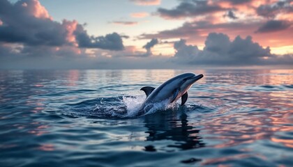 Fototapeta premium Dolphin Leaping From Ocean at Sunset with Colorful Sky Reflections