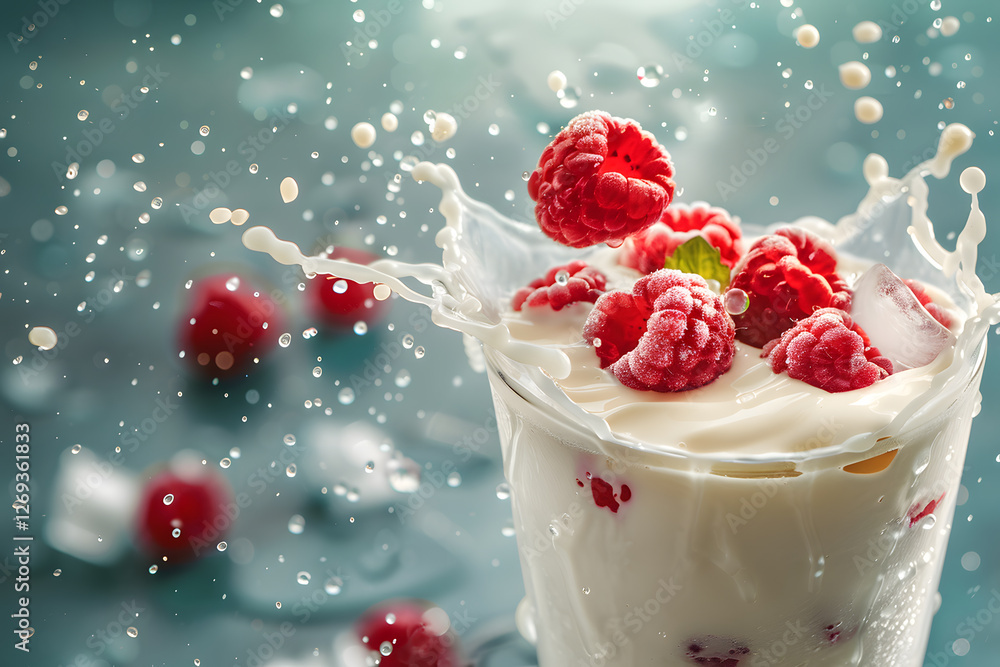 Aufkleber fresh raspberries dropping into a glass of milk with dynamic splash against a blurred background