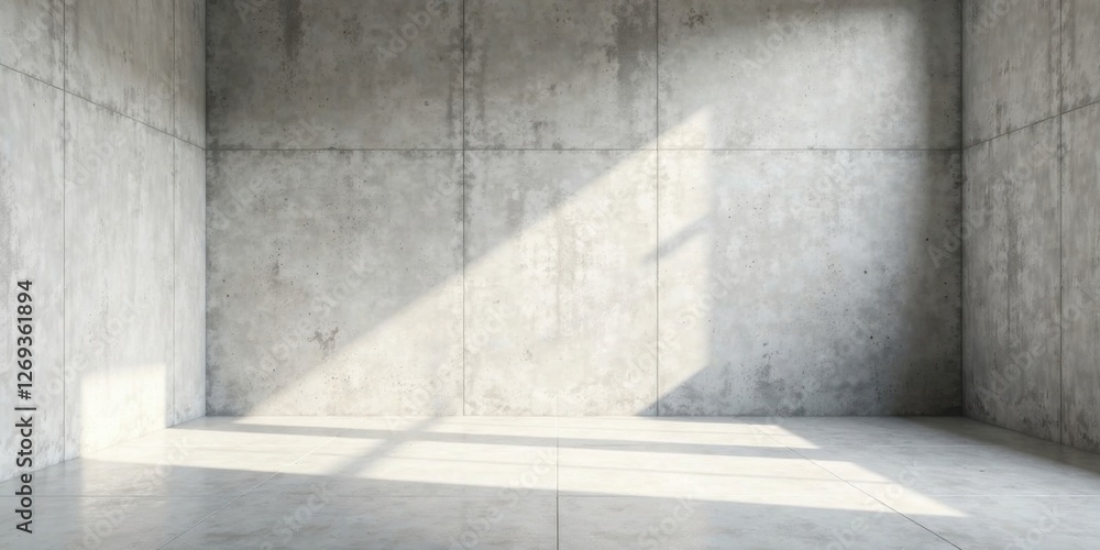 Poster sunlit empty room with concrete walls and floor ideal for modern design presentation