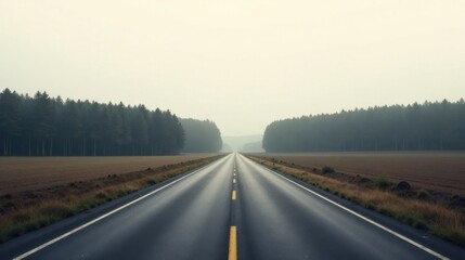 A Long, Straight Highway Vanishes into a Misty Forest on a Calm Day
