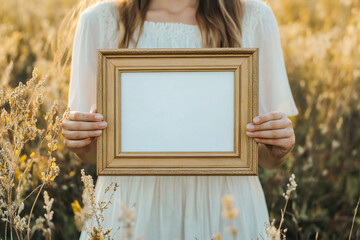 A woman holds a wooden picture frame mockup. Empty frame in the hands of a girl