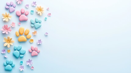 A cute and colorful 3D paw print cartoon banner with colorful dog or cat footprints on a blue background, conveying positivity and fun, isolated on a white background with full depth of field.