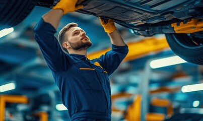 Mechanic Inspecting Car on Lift in Workshop