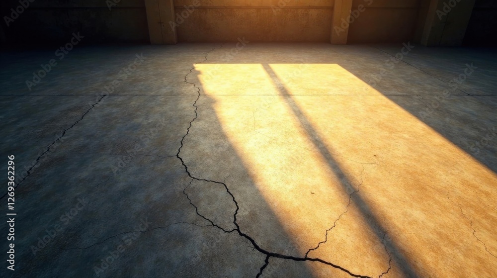 Poster sunlit cracked concrete floor in an empty room, showing shadows and texture