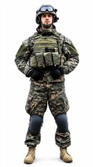 Fototapeta premium Soldier in Full Military Gear Isolated on White Background