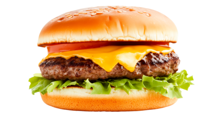 Juicy cheeseburger with fresh lettuce and tomato served on a soft bun, perfect for a delicious meal any time