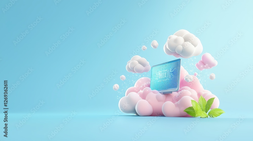 Poster a futuristic 3d icon representing ai cloud services and cloud computing, featuring a supercomputer i