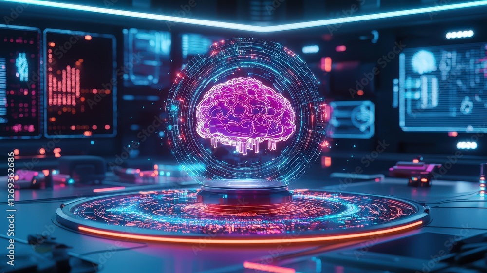 Poster a futuristic 3d miniature lab, where a tiny ai-powered machine is creating beautiful digital illustr