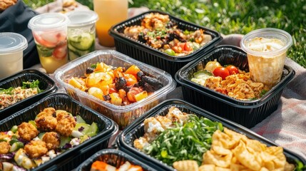 Various takeaway food containers with delicious dishes and drinks on a picnic blanket, ready for outdoor dining.