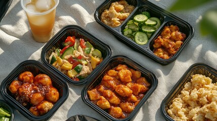 Various takeaway food containers with delicious dishes and drinks on a picnic blanket, ready for outdoor dining.