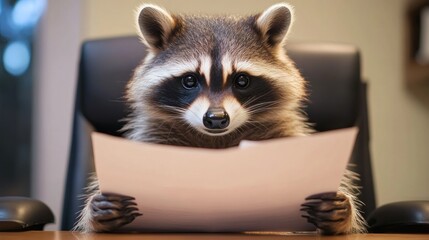 Raccoon reviewing documents at office desk
