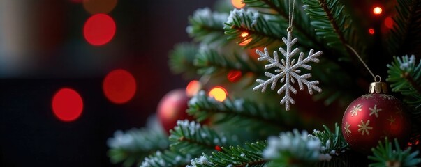 A delicate snowflake falls on the Christmas tree amidst red lights, holiday, festive decor, evergreen