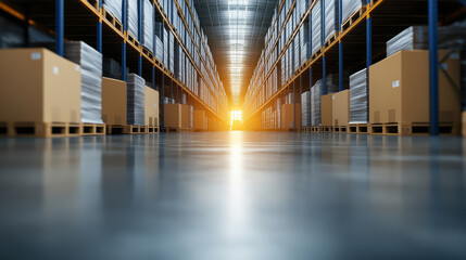 The soft blur of an expansive warehouse interior, with rows of stacked pallets and shipping containers arranged meticulously, leading towards the far end of the space, emphasizing