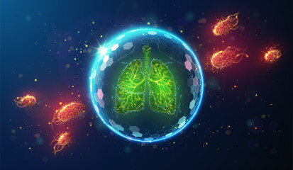 Human Lungs Protected by Shield from Bacteria Made of Neon Particles.Abstract geometric illustration on bacterial, virulent respiratory disease prevention healthcare medical concept on blue background